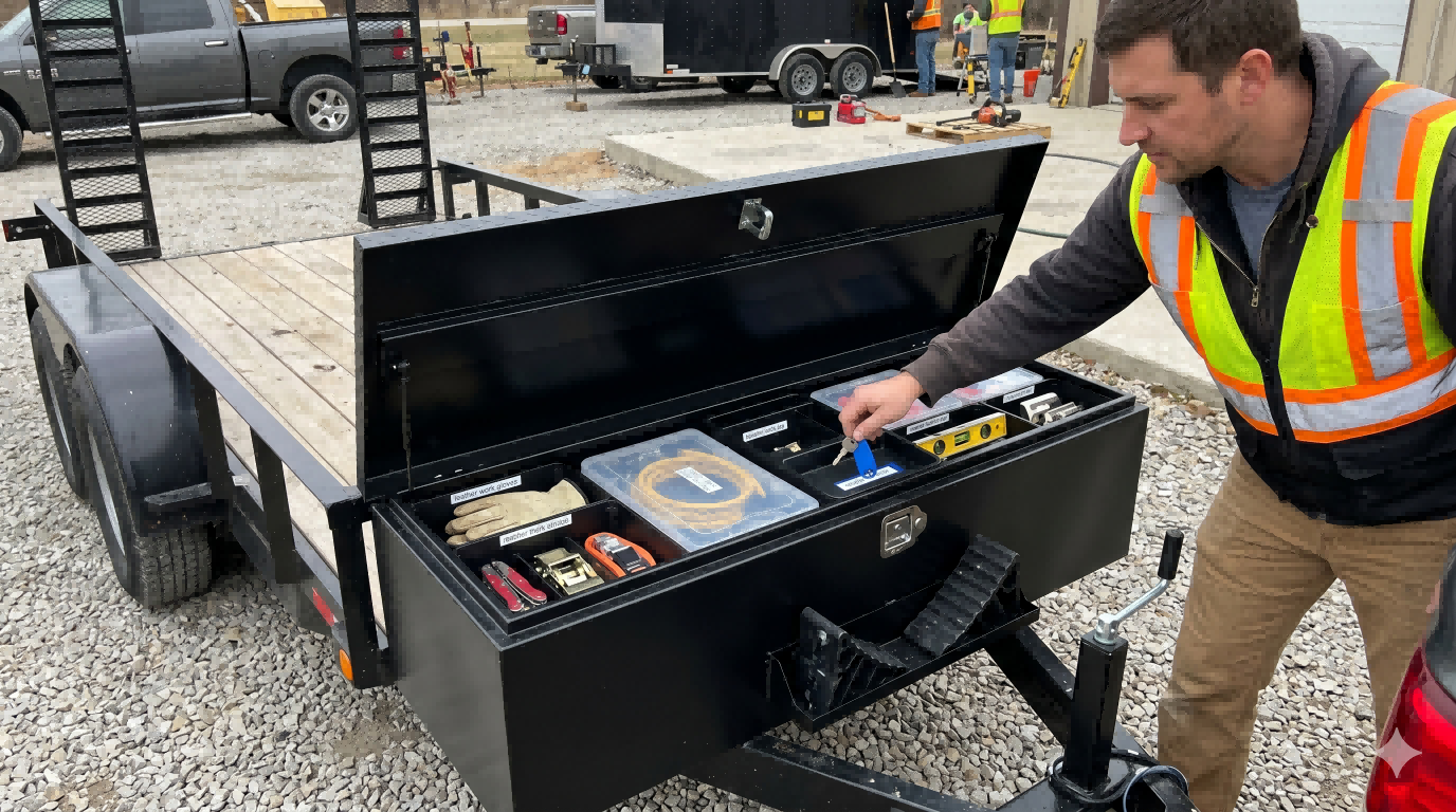 Jobsite trailer toolbox with labeled compartments for tools, measuring gear, and work essentials, showing how organized storage improves speed and repeatable access